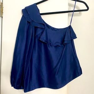 J.Crew one shoulder navy ruffle blouse with lone sleeve.
